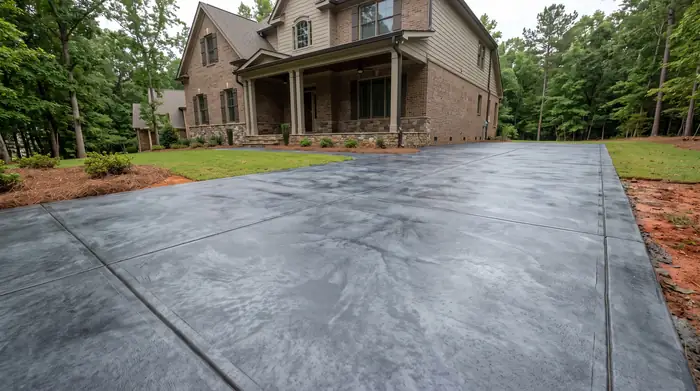 Acid-stained concrete floor in charcoal and blue-grey marbled tones at a brick-and-siding two-story home in Marietta, GA, under an overcast sky.
