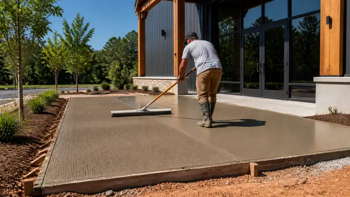 Broom texture drawn across a new commercial entrance pad in Marietta, GA, in clear late-morning sun.