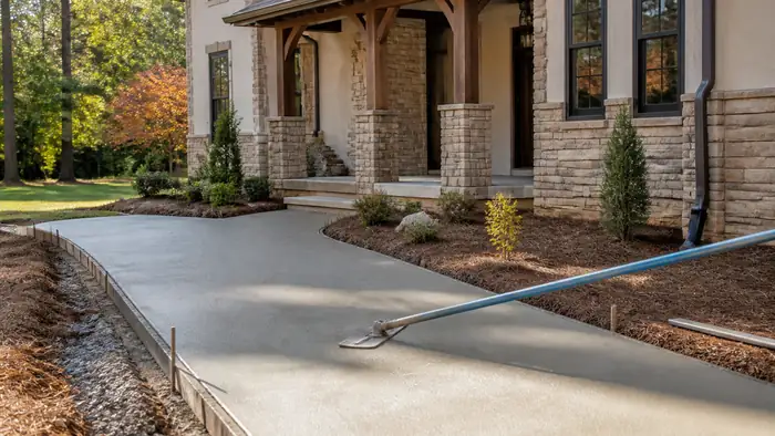 A bull float smooths a residential walkway surface after screeding. at a stacked-stone and stucco home in Marietta, GA, in full afternoon sun.