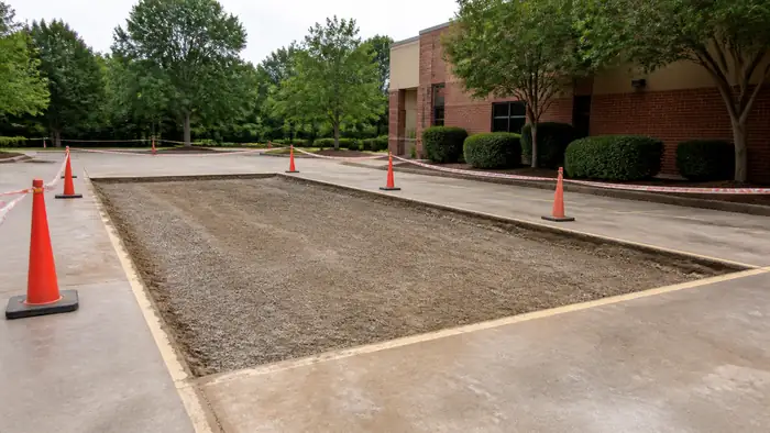 Section of parking lot saw-cut out with the base regraded in Marietta, GA, under bright midday cloud.