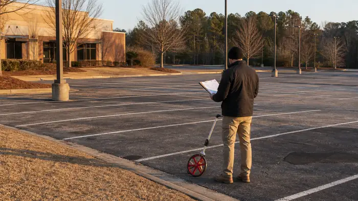 Commercial parking field surveyed for a written concrete estimate in Marietta, GA, in late afternoon light.
