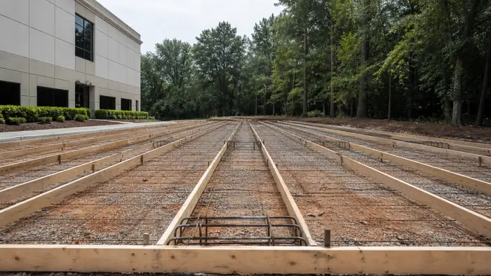 Long parking lot strips formed and reinforced ready to pour in Marietta, GA, under bright midday cloud.