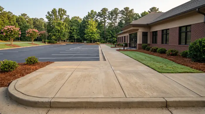 Concrete walkway and entry paving at a suburban office building in Marietta, GA, in early morning light.