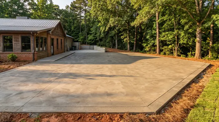 Concrete patio slab and service apron behind a restaurant in Marietta, GA, in late afternoon light.