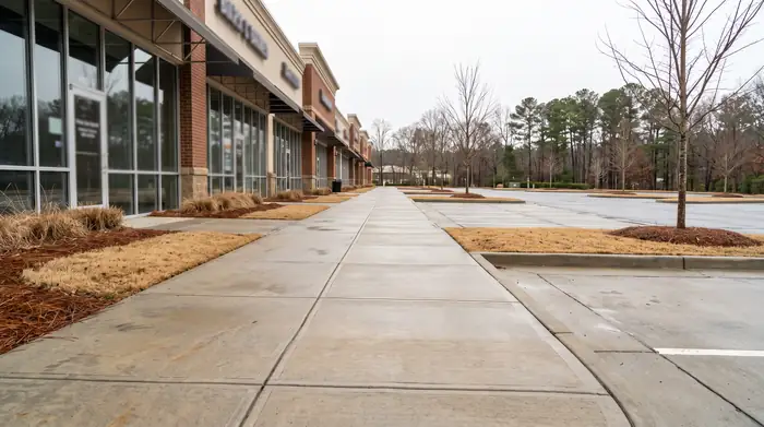 Concrete sidewalk and parking-lot island paving at a retail center in Marietta, GA, under an overcast sky.