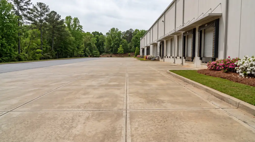 Concrete loading dock apron and truck pad at a distribution building in Marietta, GA, under bright midday cloud.