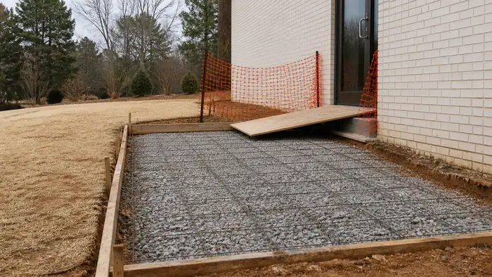 Entry pad removed at a business door with the ground prepared in Marietta, GA, under bright midday cloud.