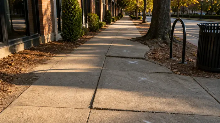Public sidewalk frontage priced for replacement outside a shopfront in Marietta, GA, in late afternoon light.