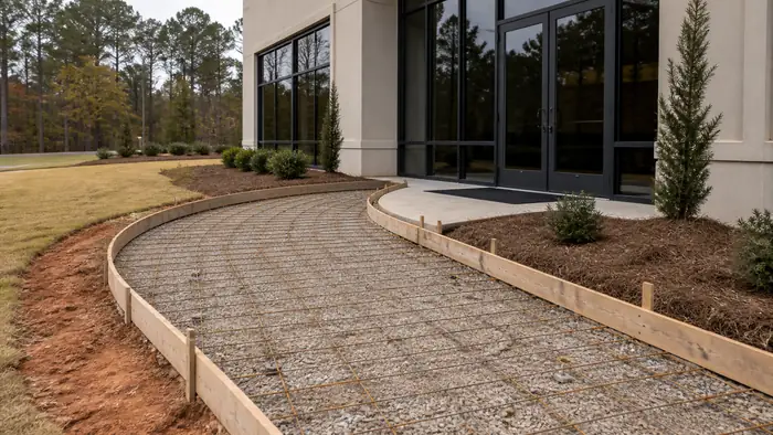 Curved walkway forms bent and staked outside a commercial entrance in Marietta, GA, under an overcast sky.