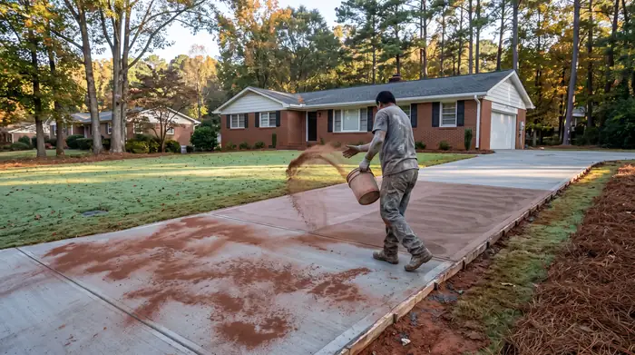 Dry-shake colour hardener being broadcast onto fresh concrete at a red-brick ranch home in Marietta, GA, in early morning light.