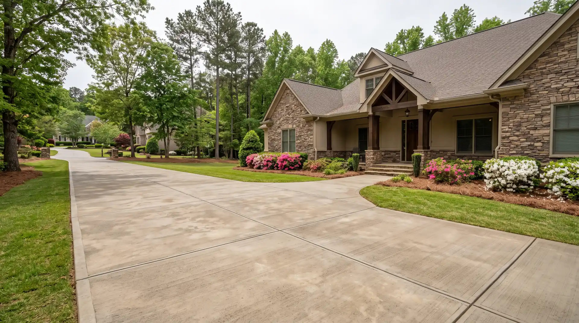 Wide view of finished concrete flatwork across the front of a home at a stacked-stone and stucco home in Marietta, GA, under bright midday cloud.