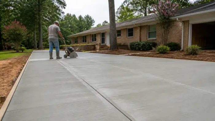 Control joints cut into a new slab the day after the pour at a buff-brick ranch home in Marietta, GA, under bright midday cloud.