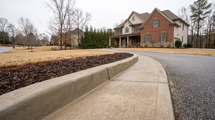 Poured concrete curbing with a rolled profile along a driveway edge at a brick-and-siding two-story home in Marietta, GA, under an overcast sky.