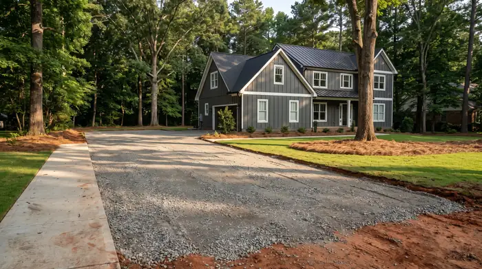 Broken-out concrete removed and the base rebuilt before a new pour at a charcoal farmhouse-modern home in Marietta, GA, in late afternoon light.