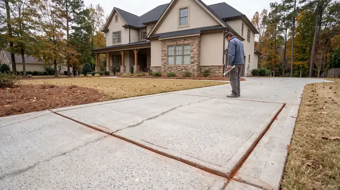 Cracked driveway panel cut out and marked for repair at a stacked-stone and stucco home in Marietta, GA, under an overcast sky.