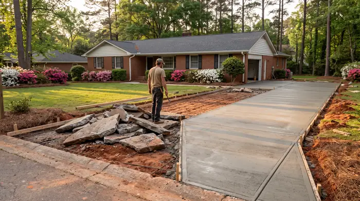 Old driveway broken out with a new concrete pour underway beside it at a red-brick ranch home in Marietta, GA, in late afternoon light.