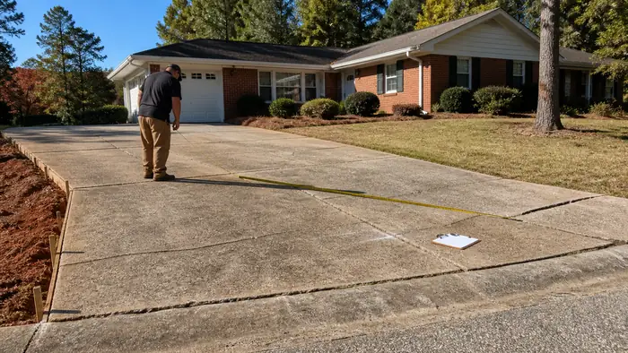 Existing driveway measured and marked before it is replaced at a red-brick ranch home in Marietta, GA, in clear late-morning sun.