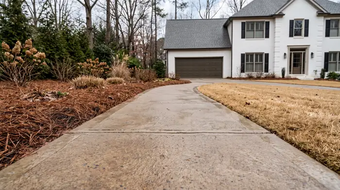 Low concrete edging strip along a mulched garden bed at a painted-white-brick two-story home in Marietta, GA, after a rain shower.