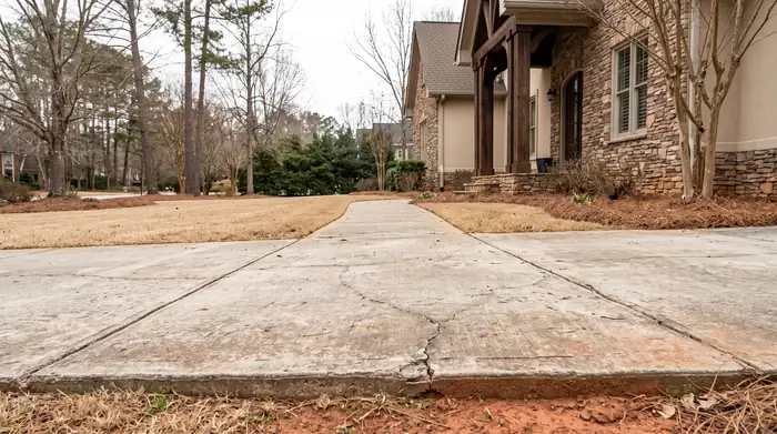 Concrete driveway and walk at a home, the kind of job an estimate covers at a stacked-stone and stucco home in Marietta, GA, under an overcast sky.