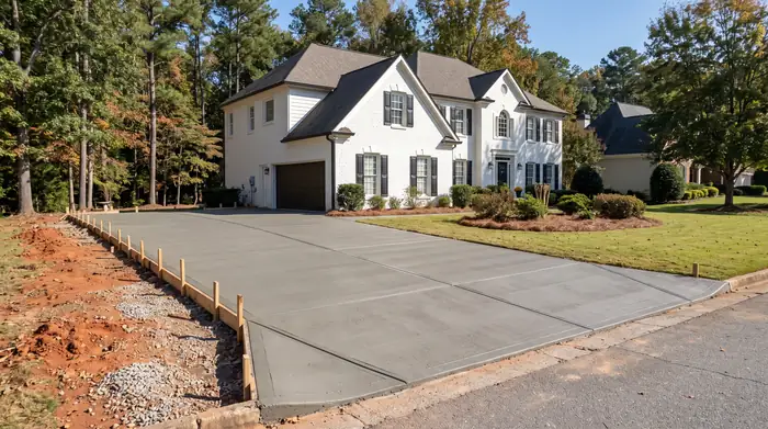 Freshly finished concrete slab curing under a clean broom texture at a painted-white-brick two-story home in Marietta, GA, in clear late-morning sun.