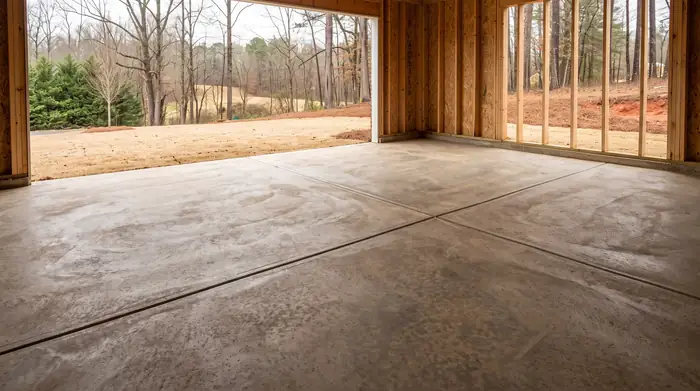 New concrete garage floor slab troweled smooth in an unfinished garage in Marietta, GA, after a rain shower.