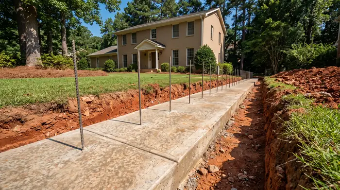 Concrete footing poured at the base of an excavated trench, dowels set at a tan-brick colonial in Marietta, GA, in clear late-morning sun.