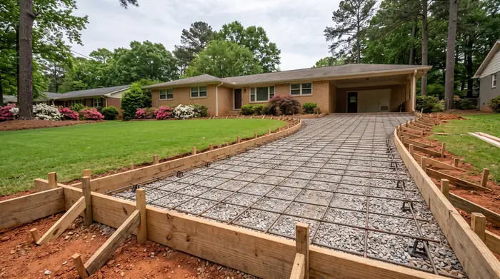 Wooden forms and rebar grid set and tied, ready for concrete at a buff-brick ranch home in Marietta, GA, under bright midday cloud.