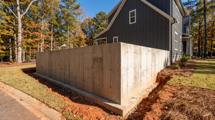 Poured concrete foundation wall and footing for a room addition at a charcoal farmhouse-modern home in Marietta, GA, in clear late-morning sun.