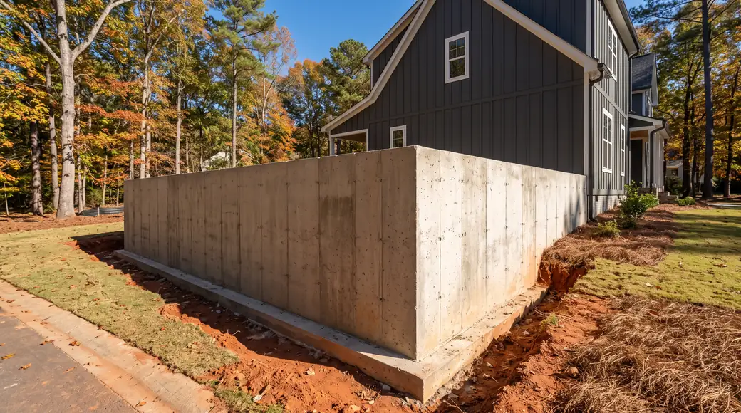 Poured concrete foundation wall and footing for a room addition at a charcoal farmhouse-modern home in Marietta, GA, in clear late-morning sun.