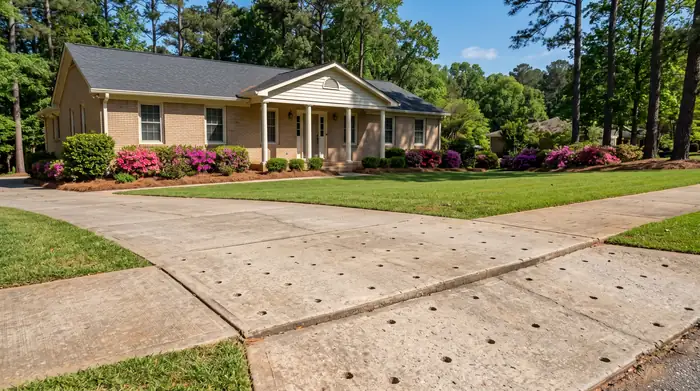 Sunken concrete slab with small drill holes for leveling at a tan-brick colonial in Marietta, GA, in clear late-morning sun.