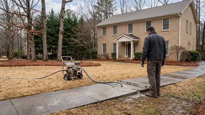 Slab-jacking pump lifting a sunken concrete slab back level at a tan-brick colonial in Marietta, GA, after a rain shower.