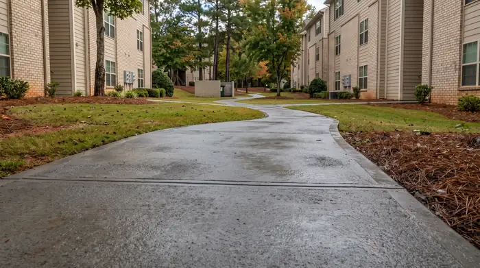 Concrete sidewalk network between buildings at an apartment community in Marietta, GA, after a rain shower.