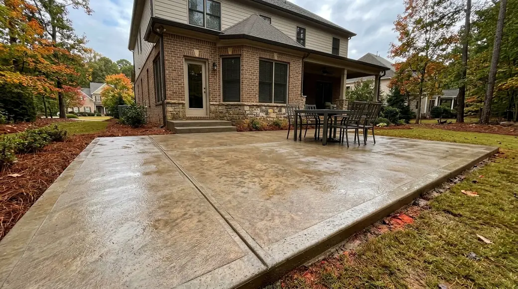 Rectangular concrete patio with a low step up to the rear door at a brick-and-siding two-story home in Marietta, GA, after a rain shower.