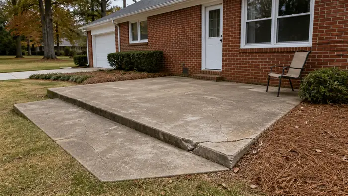 Worn back patio and steps of the kind a written estimate prices at a red-brick ranch home in Marietta, GA, under an overcast sky.