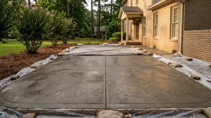 Freshly poured concrete patio still curing under plastic sheeting at a tan-brick colonial in Marietta, GA, in late afternoon light.