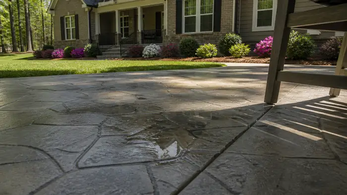 concrete patio repair completed by a local contractor at a brick-and-siding two-story home in Marietta, GA, in open shade.