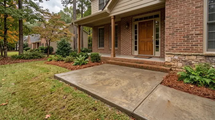 Small concrete front porch slab with a tooled edge at a brick-and-siding two-story home in Marietta, GA, after a rain shower.