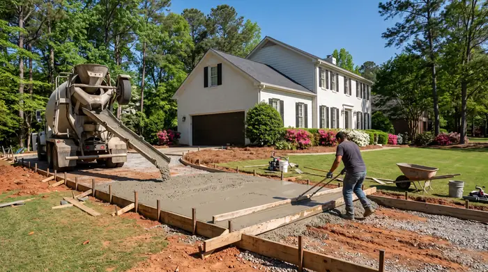 Concrete being poured and screeded across a formed slab at a painted-white-brick two-story home in Marietta, GA, in clear late-morning sun.