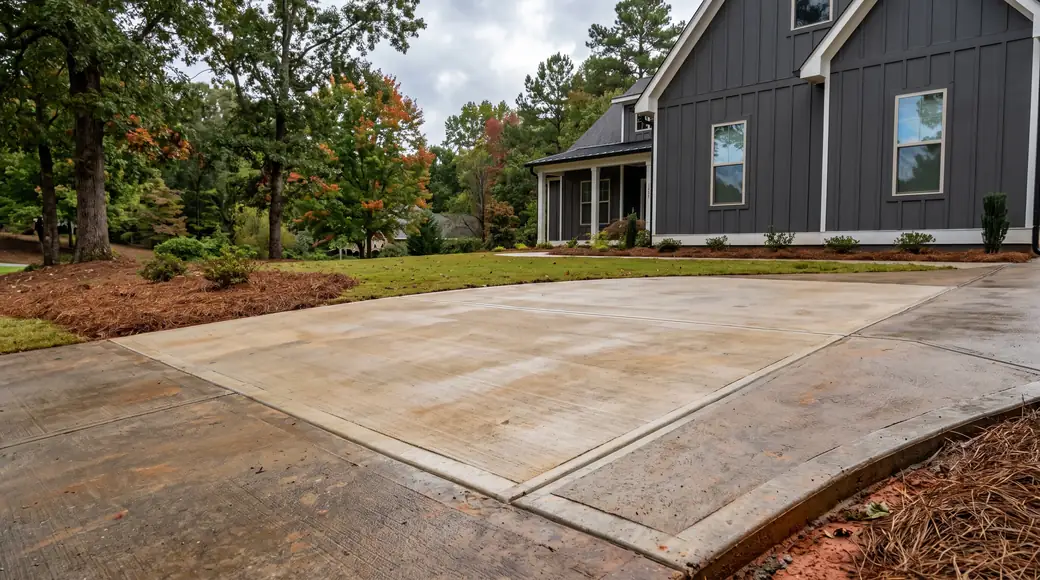 Replaced concrete driveway panel with clean saw-cut edges at a charcoal farmhouse-modern home in Marietta, GA, after a rain shower.