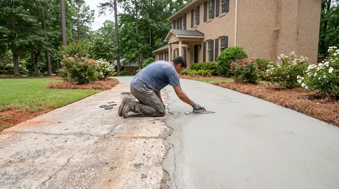 Thin concrete overlay being troweled onto an old worn slab at a tan-brick colonial in Marietta, GA, under bright midday cloud.
