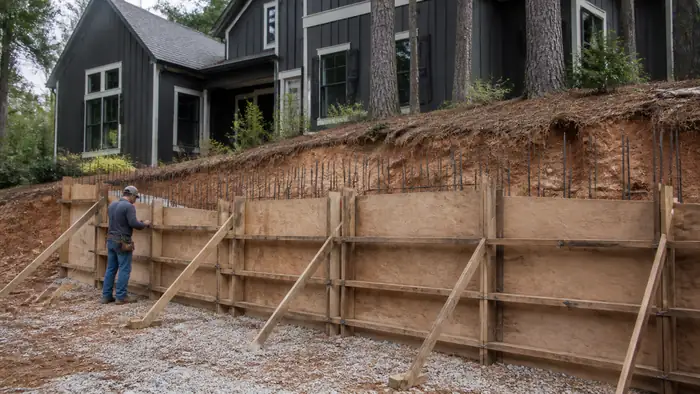 Retaining wall forms and reinforcing steel set before the pour at a charcoal farmhouse-modern home in Marietta, GA, under bright midday cloud.