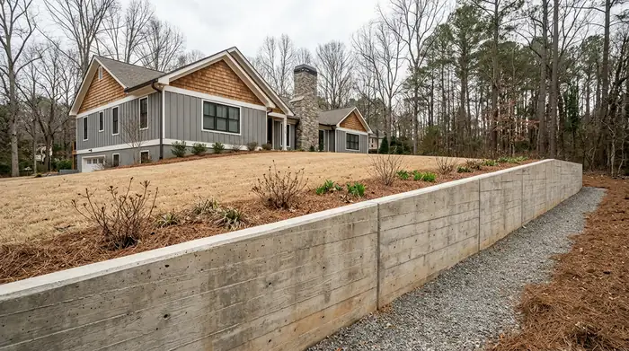 Board-formed concrete retaining wall holding a raised lawn at a grey split-level home in Marietta, GA, under an overcast sky.