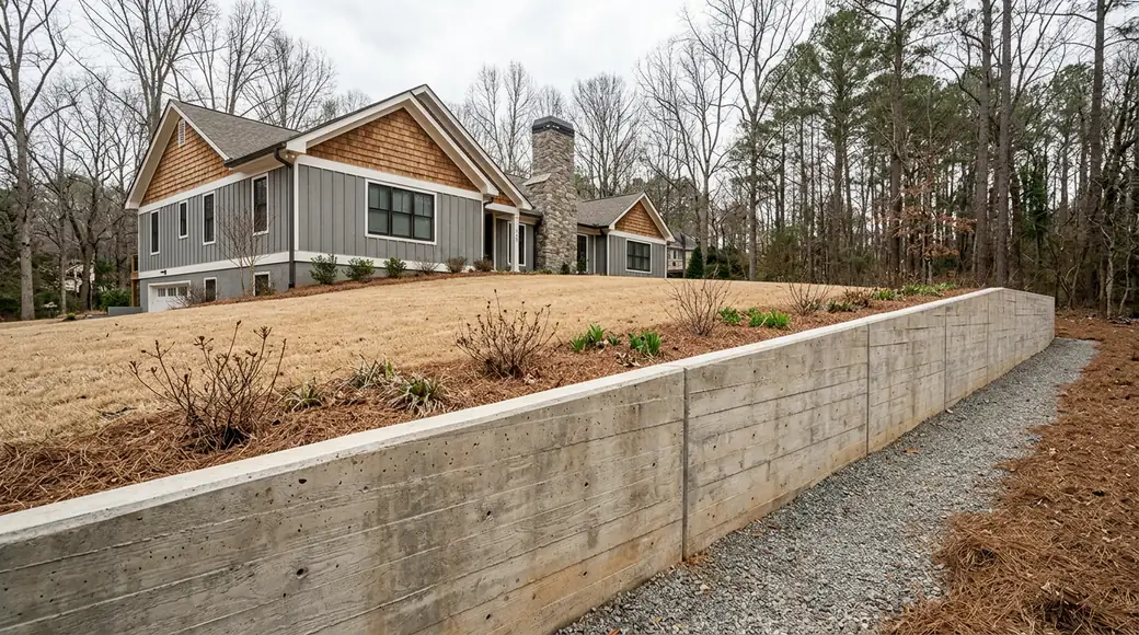Board-formed concrete retaining wall holding a raised lawn at a grey split-level home in Marietta, GA, under an overcast sky.