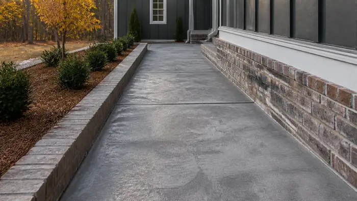 concrete sidewalk installation completed by a local contractor at a charcoal farmhouse-modern home in Marietta, GA, under low winter sun.