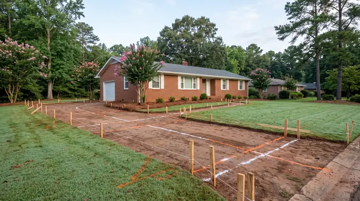String lines and grade stakes laid out across a yard before a pour at a red-brick ranch home in Marietta, GA, in early morning light.