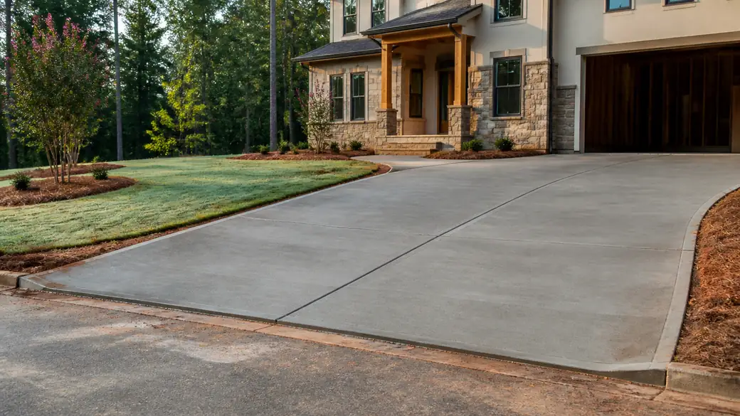 concrete slab installation completed by a local contractor at a stacked-stone and stucco home in Marietta, GA, in early morning light.
