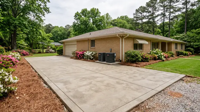 Square-edged concrete slab pad with a storage shed on it at a buff-brick ranch home in Marietta, GA, under bright midday cloud.