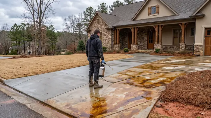 Acid stain being sprayed onto a concrete surface, half-applied at a stacked-stone and stucco home in Marietta, GA, after a rain shower.
