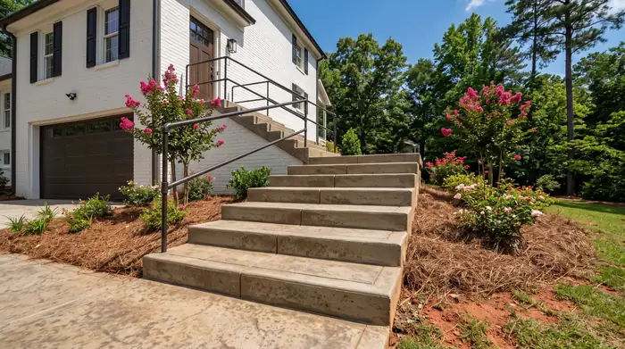 Concrete exterior stairs with a pipe handrail leading to a side entry at a painted-white-brick two-story home in Marietta, GA, in clear late-morning sun.