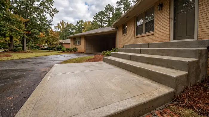Poured concrete front steps rising to a landing at the front door at a buff-brick ranch home in Marietta, GA, after a rain shower.